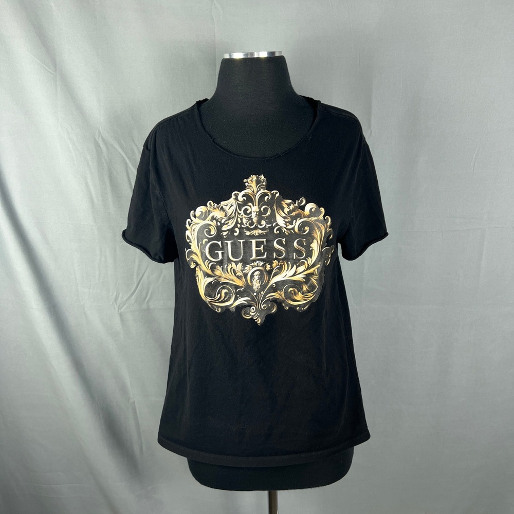 Guess Los Angeles T Shirt Womens Medium Black Baroque Crest Graphic Print Cotton
